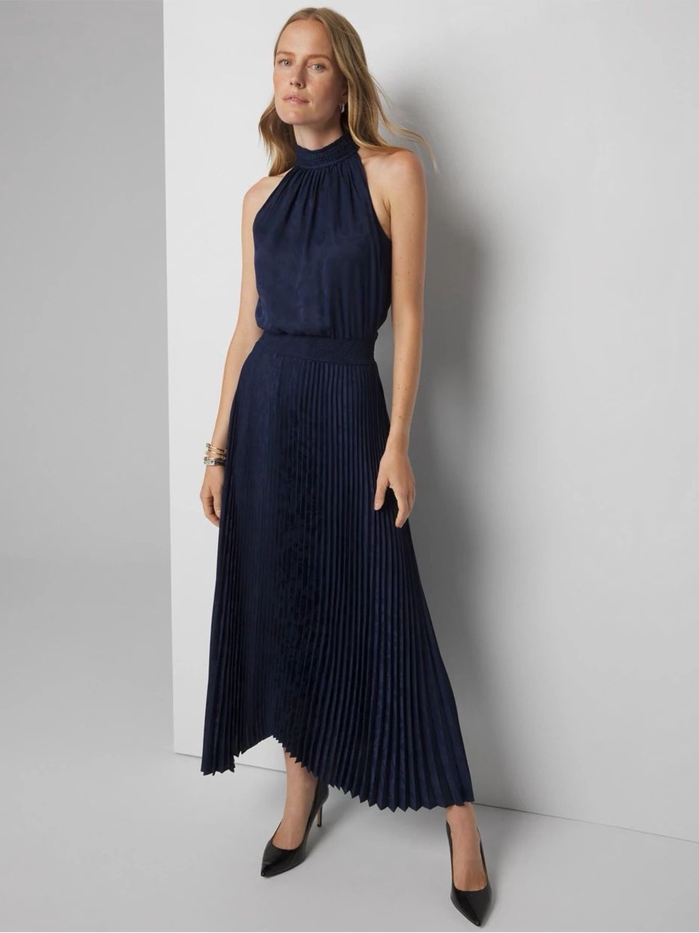 💙 NWT White House Black Market Pleated Halter Satin Midi Dress Wedding Guest